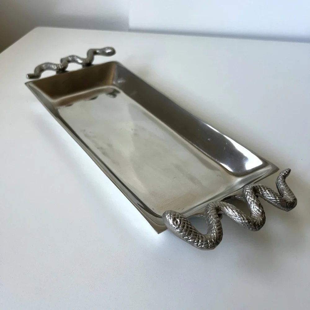 Snake Handle Silver Tone Metal Serving Tray Made in India Decorative Catchall